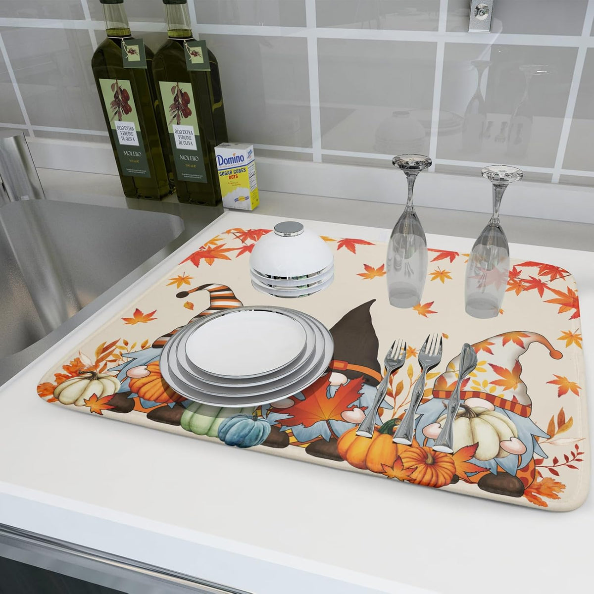 Fall Gnome Dish Drying Mat for Kitchen Counter Autumn Pumpkin Maple Leaves Dishes Pad Absorbent