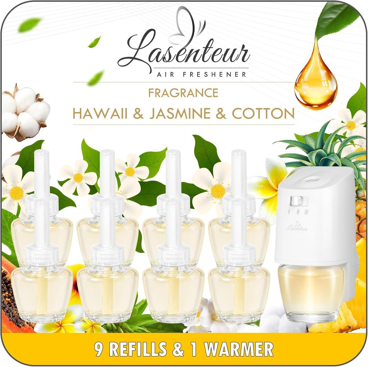 Plug-in Air Freshener Starter Kit, 1 Warmer and 9 Essential Oil Refills, Hawaiian, Jasmine, Cotton
