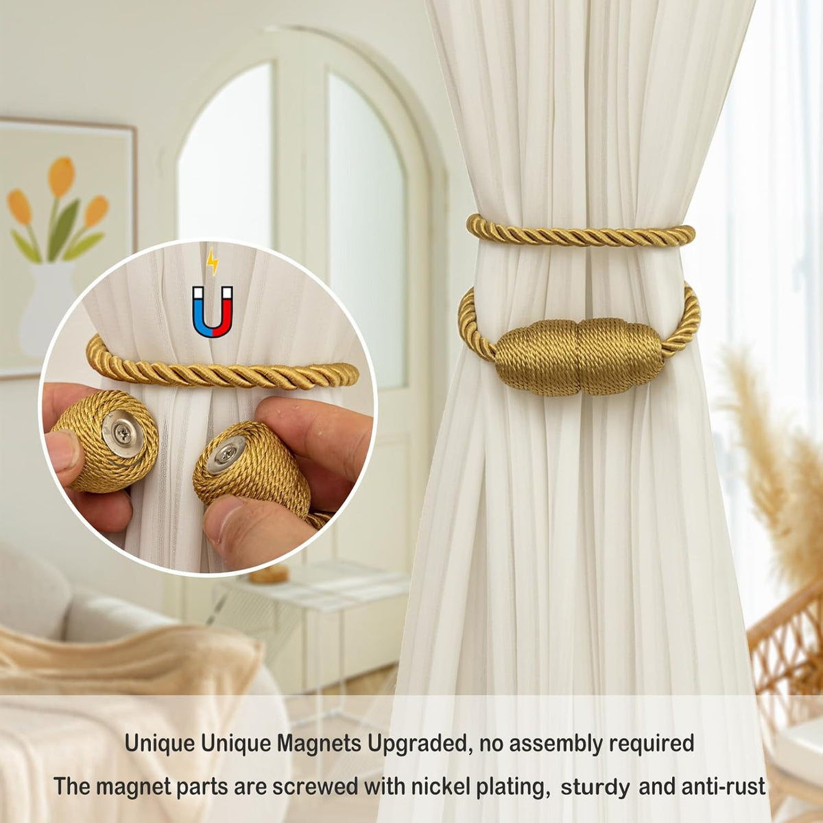 Magnetic Curtain Tiebacks Rope Curtain Tie Backs for Curtains 6 Pack Curtain Holders for Drapes