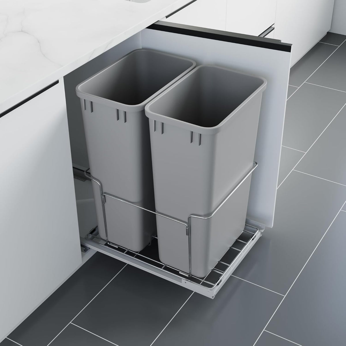 Dowell B18 Aluminum Base Wastebasket Pullout with Door Mount and Two 35Qt/9Gal Plastic Bins (4012