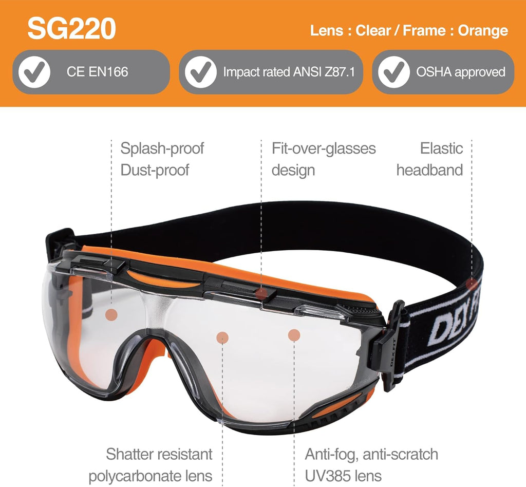 DEX FIT Protective Safety Goggles SG220; Anti Fog & Scratch, Z87 Eye Protection for Lab, Science