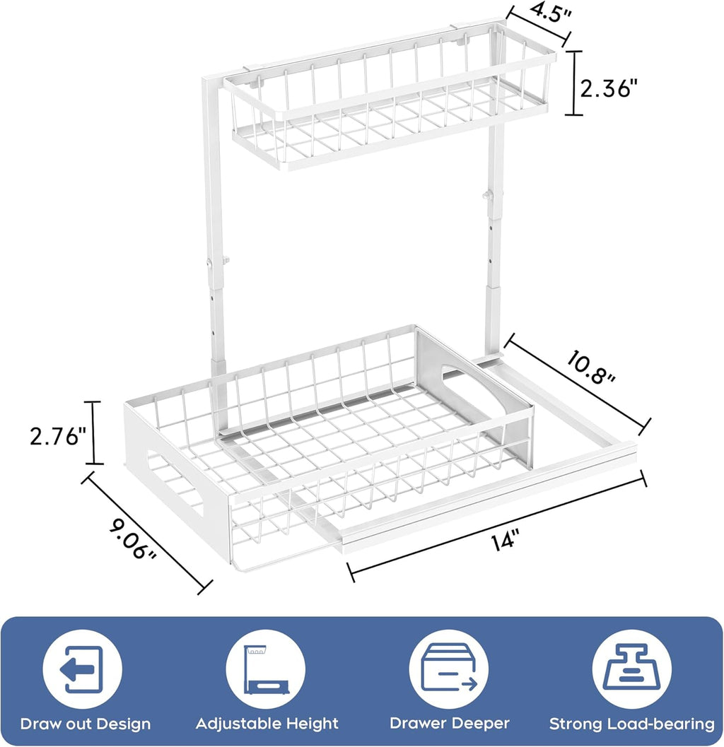 Under Sink Organizer, 2 Pack Height Adjustable Cabinet Organizer with Slide Out Drawer, Pull Out