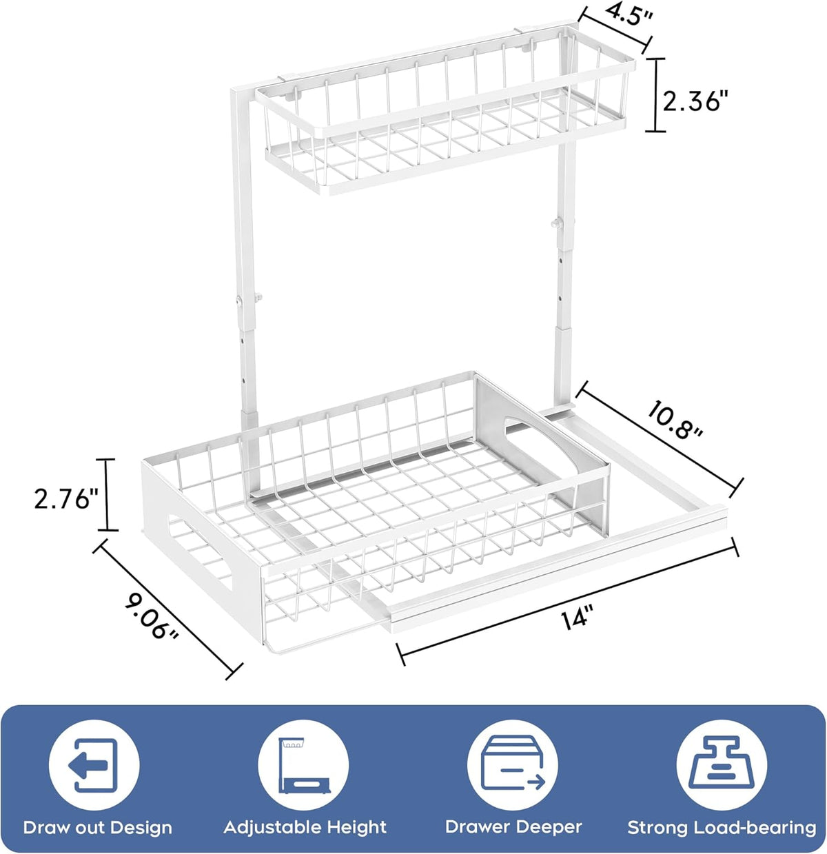 Under Sink Organizer, 2 Pack Height Adjustable Cabinet Organizer with Slide Out Drawer, Pull Out