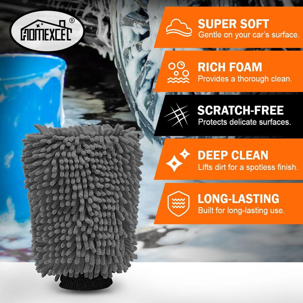 HOMEXCEL Car Wash Mitt, 2PK Chenille Microfiber Wash Mitt, Scratch-Free & Lint-Free, Rich Foam