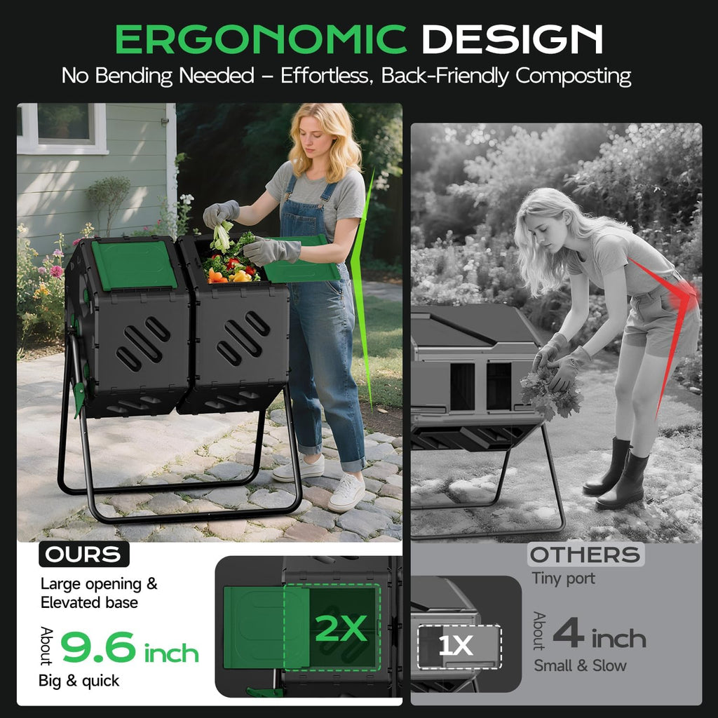 Compost Tumbler 45 Gallon/170L, Easy-Assemble Dual Chamber Compost Bin Outdoor, 360°Rotating Large