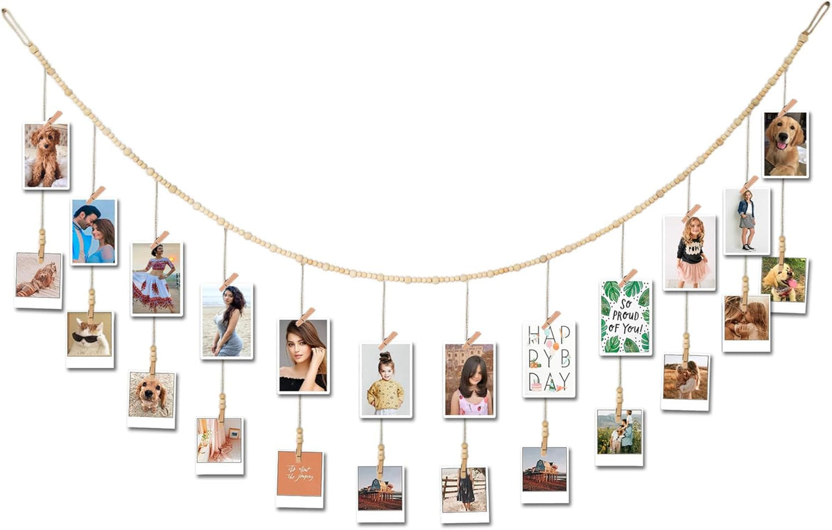 6 Feet Wooden Beads Garland with Clothespins Picture Cards Holder - Country Farmhouse Christmas