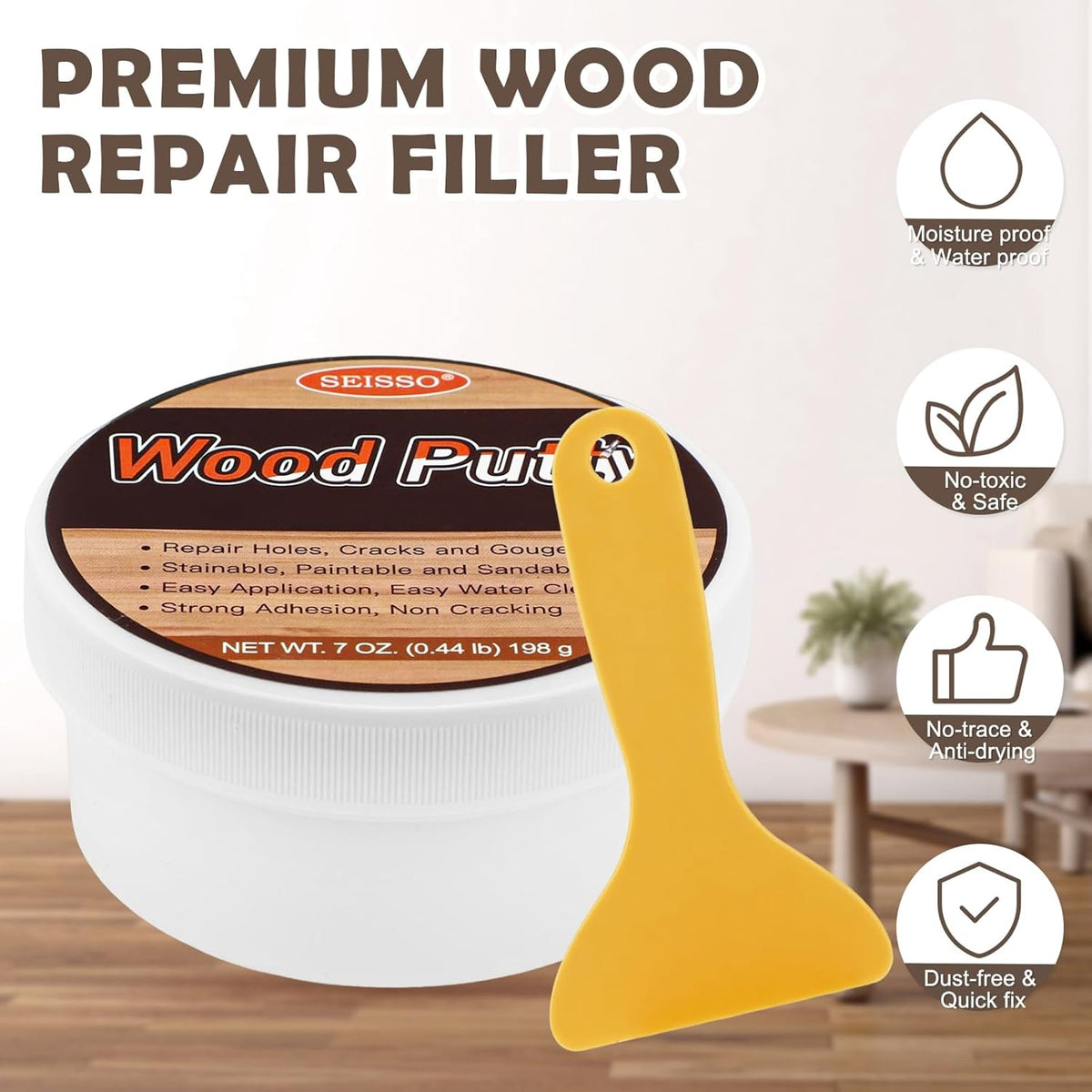 SEISSO Wood Putty, Gray Wood Filler Paintable, Wood Putty Outdoor Waterproof, Wood Repair Putty