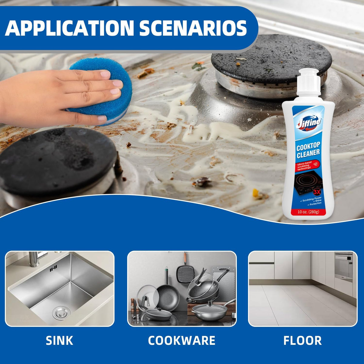 Glass Cooktop Cleaner Kit & Polish - 10 oz Stove Top Cleaner with Scrubbing Pad, Scraper &
