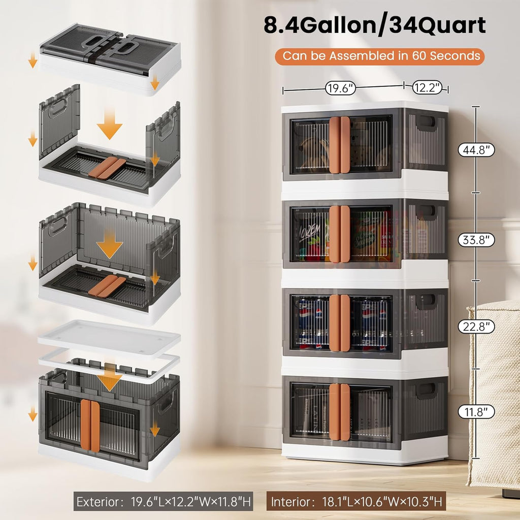 8.4Gal Collapsible Storage Bins with Lids & Wheels - 4 Pack Stackable with Doors, Heavy-Duty