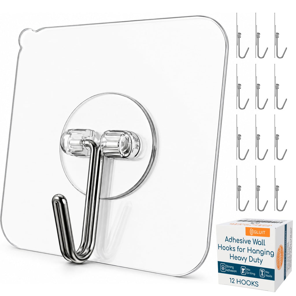 GLUIT Adhesive Wall Hooks for Hanging, Heavy Duty No Drill, 22 lbs, 12 Pack