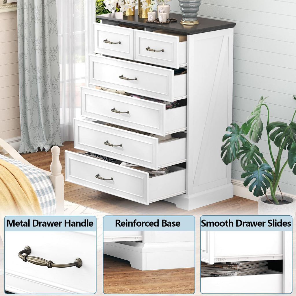 6 Drawer Dresser for Bedroom, 43" Tall Wooden Chest of Drawers, Rustic Farmhouse Dresser with Large