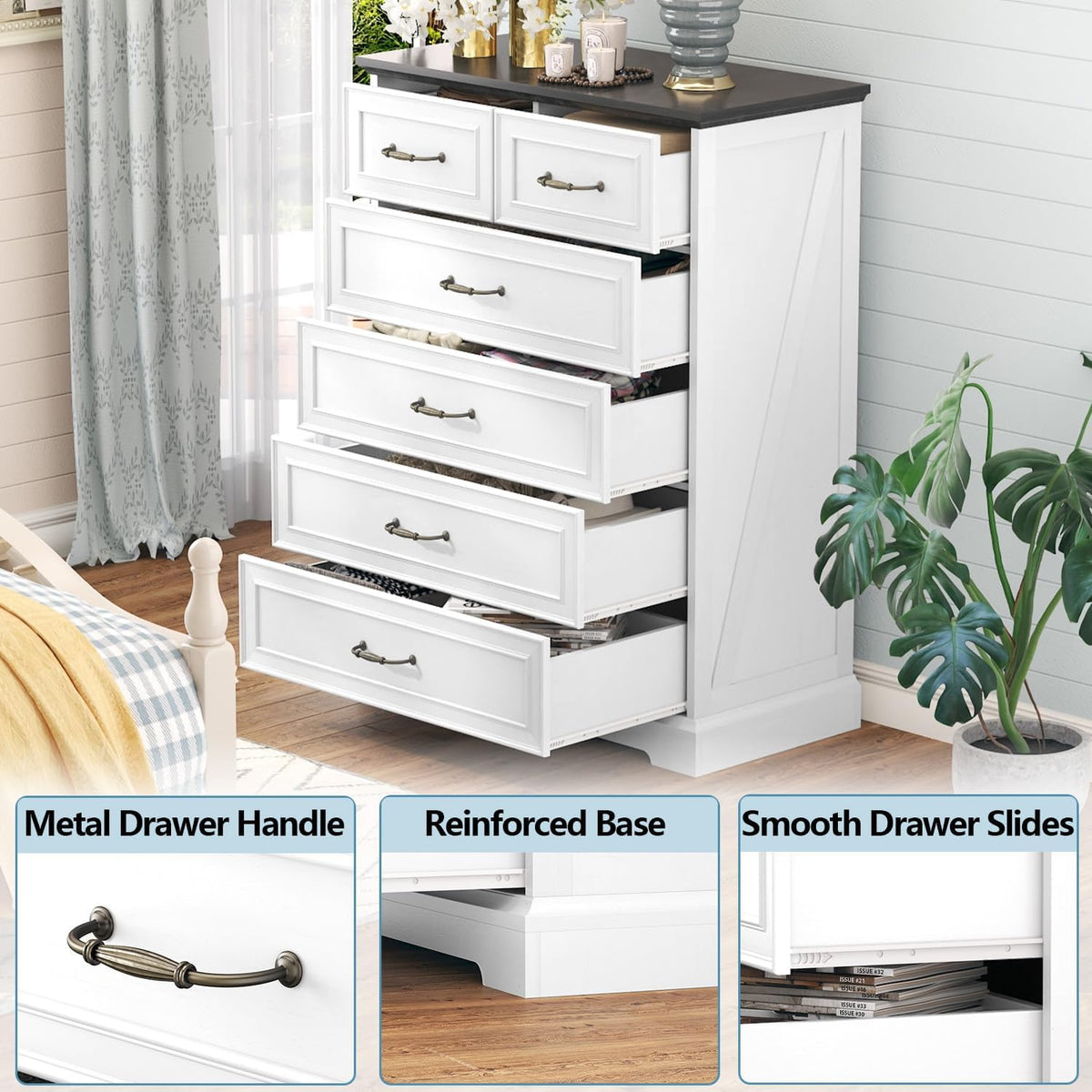 6 Drawer Dresser for Bedroom, 43" Tall Wooden Chest of Drawers, Rustic Farmhouse Dresser with Large