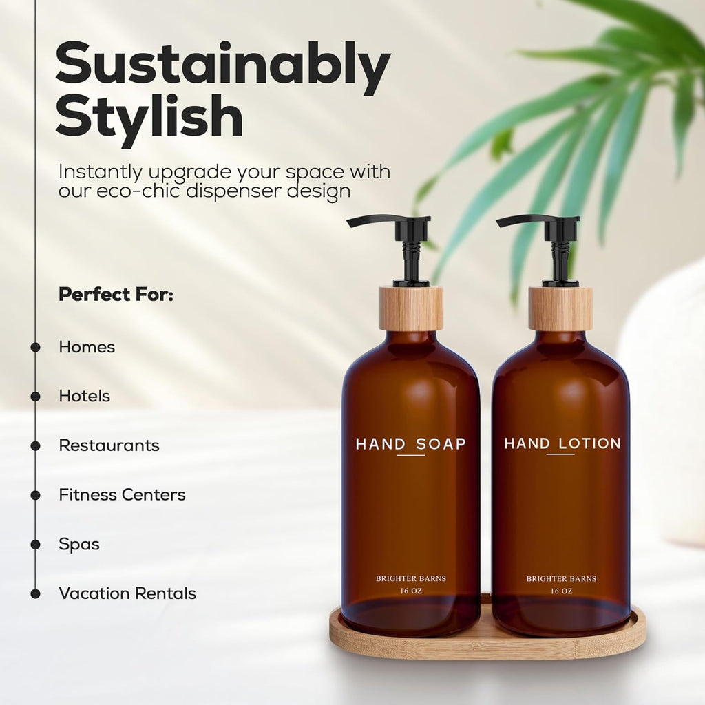 Amber Glass Soap and Lotion Dispenser Set with Tray by Brighter Barns - Hand Soap Dispenser