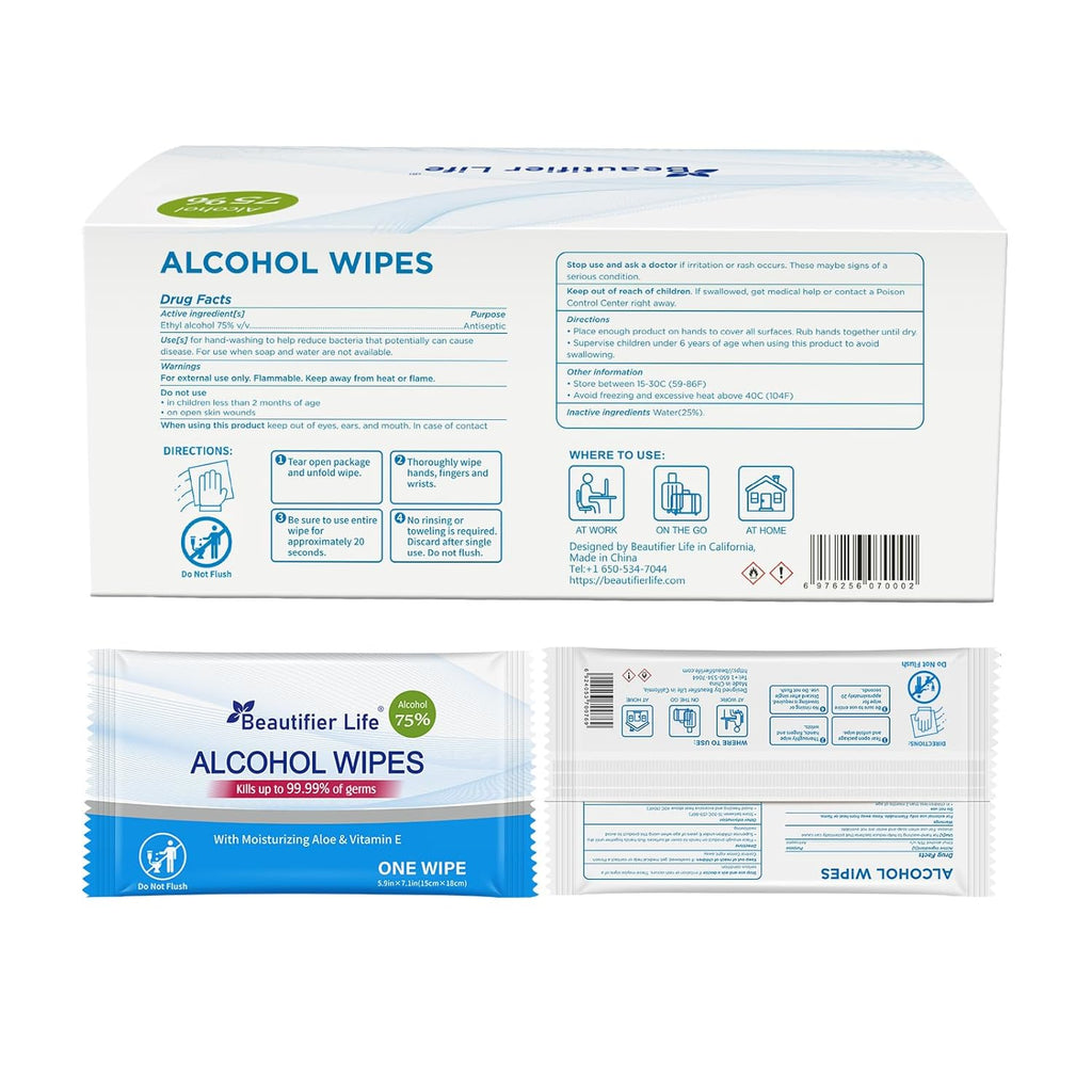 All - Purpose Travel Wipes, 55 Individually Wrapped 75% Alcohol Antibacterial Hand Sanitizing Wipes