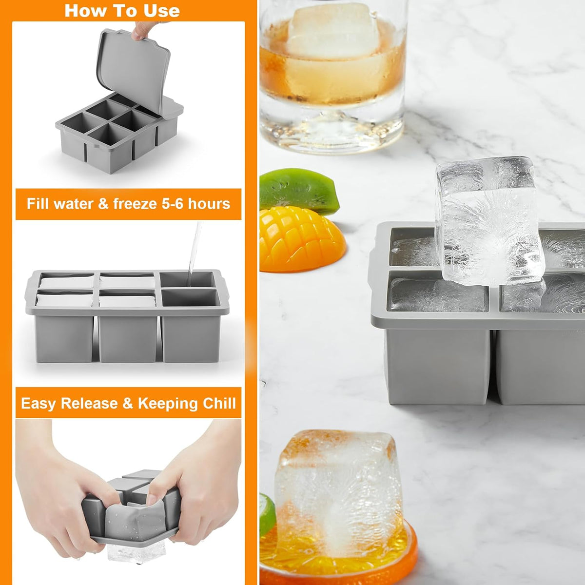 Nax Caki Pink Large Ice Cube Tray with Lid Pack of 2, Stackable Big Silicone Square Ice Cube Mold