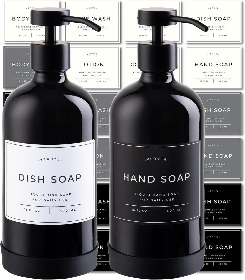 16oz Glass Soap Dispenser with Stainless Steel Pump, 21 Waterproof Labels, Non-Slip Protective