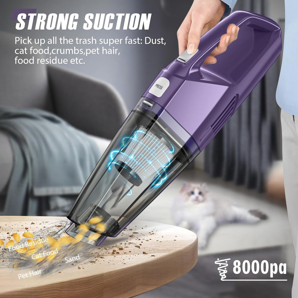 Handheld Vacuum Cordless – Car Vac Portable with 8KPA & Multi Accessories & Low Noise, Lightweight