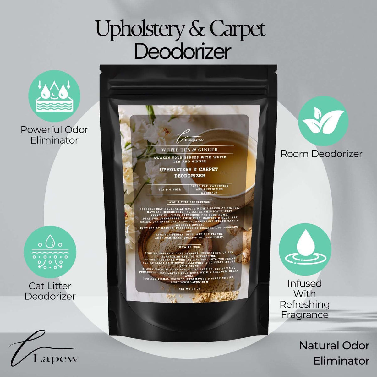 White Tea & Ginger Carpet Freshener Powder: Powerful Odor Eliminator for Home, Upholstery