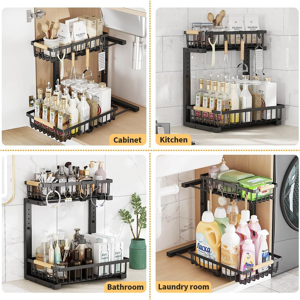 Under Sink Organizer, 2 Tier Under Sink Organizers and Storage, Metal Slide out Pull out Cabinet