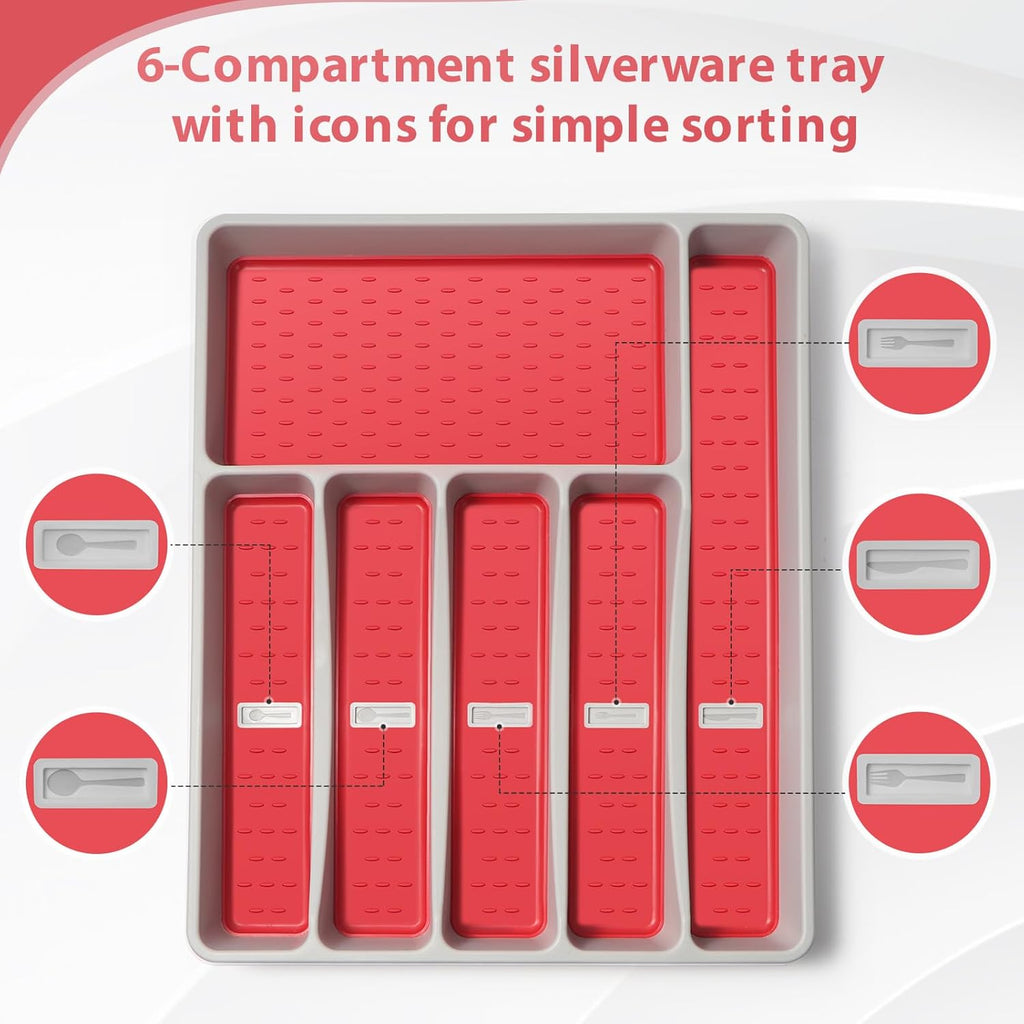 Silverware Organizer with Cutlery Icons，Silverware Tray for Kitchen Drawer，Plastic Flatware