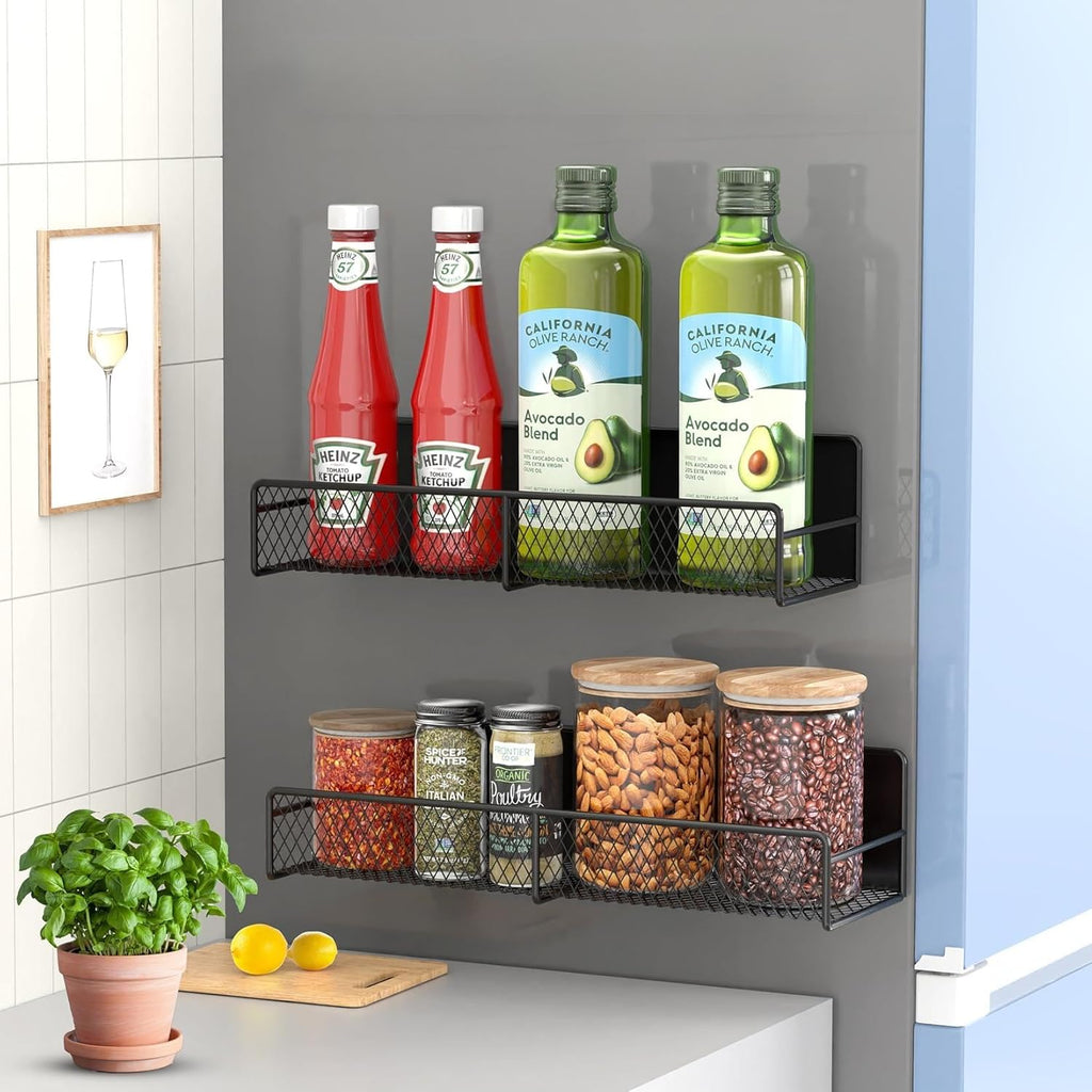 2 Pack Magnetic Spice Rack for Refrigerator, Black Magnetic Shelf with 4 Removable Hooks, Rustproof