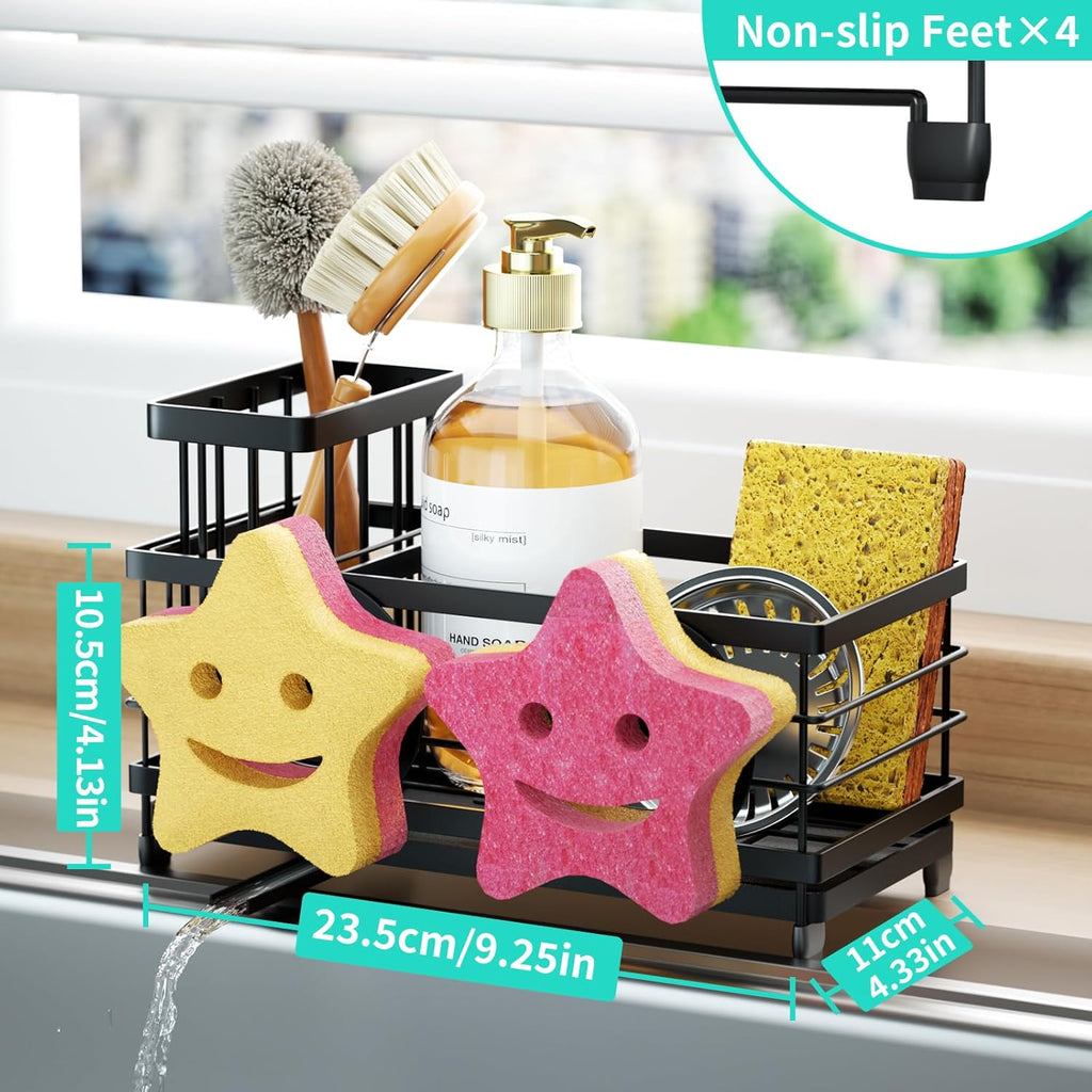 HapiRm Sink Caddy Sponge Holder - Self-draining Kitchen Sink Organizer with Smiley Face and Brush