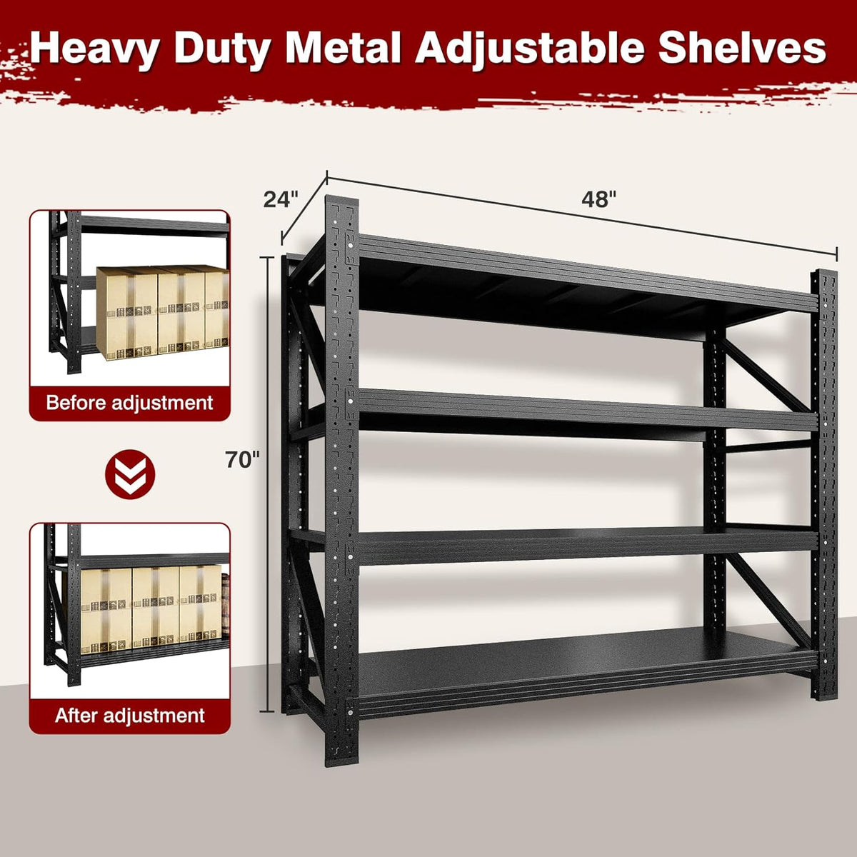 3000LBS Metal Steel Storage Shelves - 48" W Black 4 Tier Heavy Duty Rack Commercial Industrial