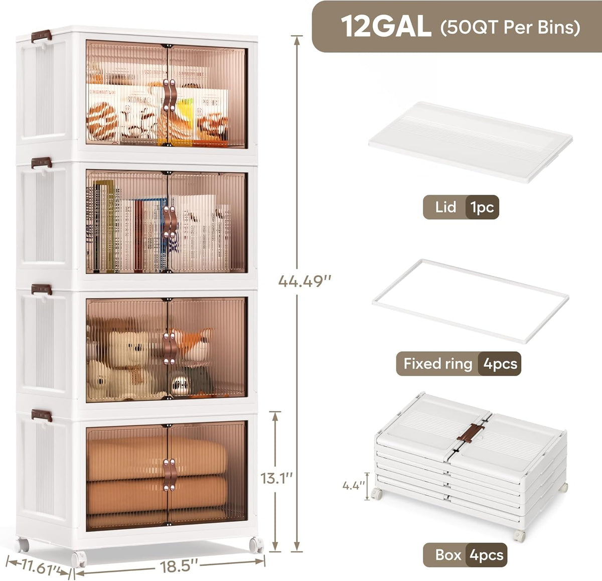 Jalove 50QT Plastic Storage Bins with lids, Stackable Collapsible Storage Containers with Wheels