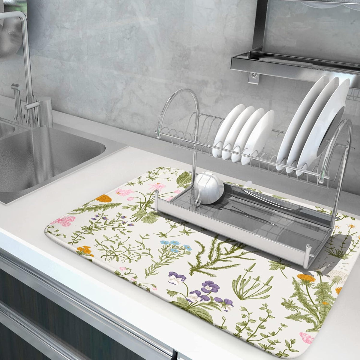 Wild Flowers Herbs Dish Drying Mat for Kitchen Counter Decor 18x24 Inch Vintage Floral Absorbent