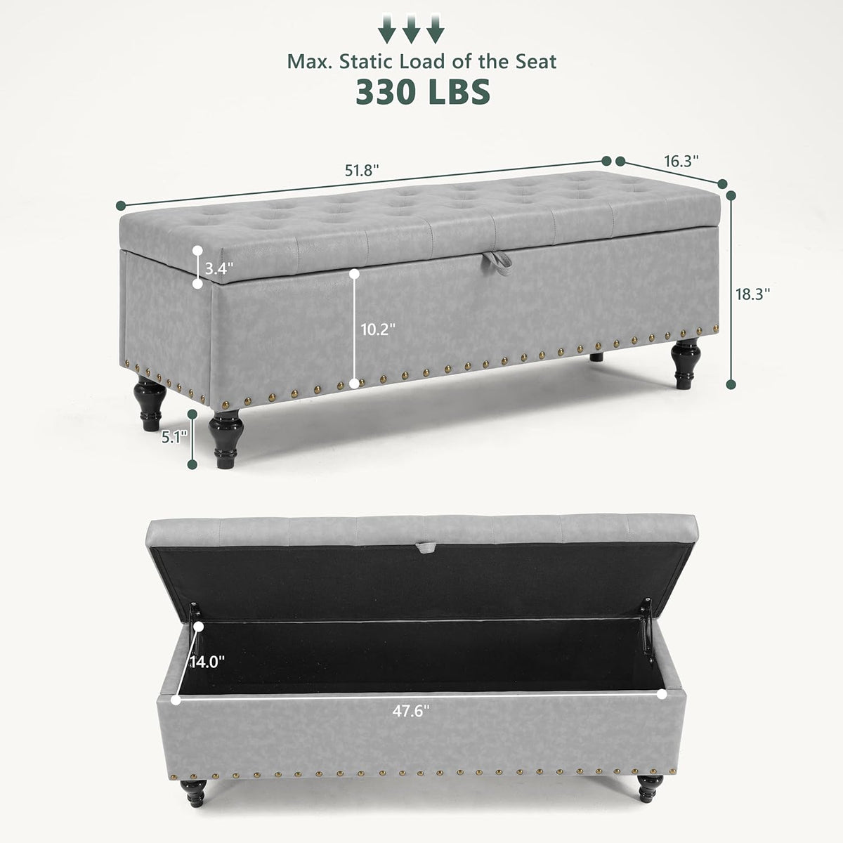 51.8’’ Storage Ottoman Bench, Faux Leather Ottoman with Storages, Window Benches Holds up to