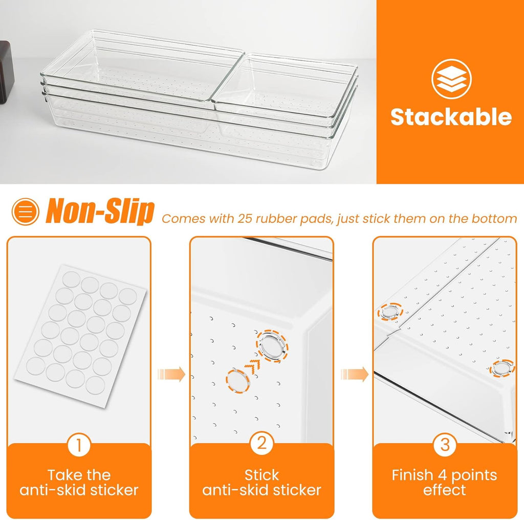 Criusia 6 Pcs Large Size Clear Drawer Organizer Set, Acrylic Non Slip Non Cracking Kitchen Drawer