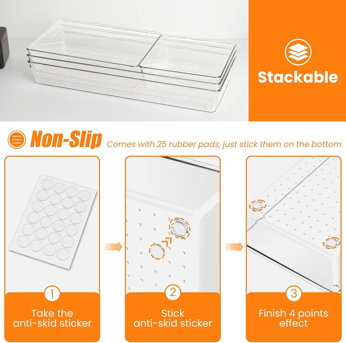Criusia 6 Pcs Large Size Clear Drawer Organizer Set, Acrylic Non Slip Non Cracking Kitchen Drawer