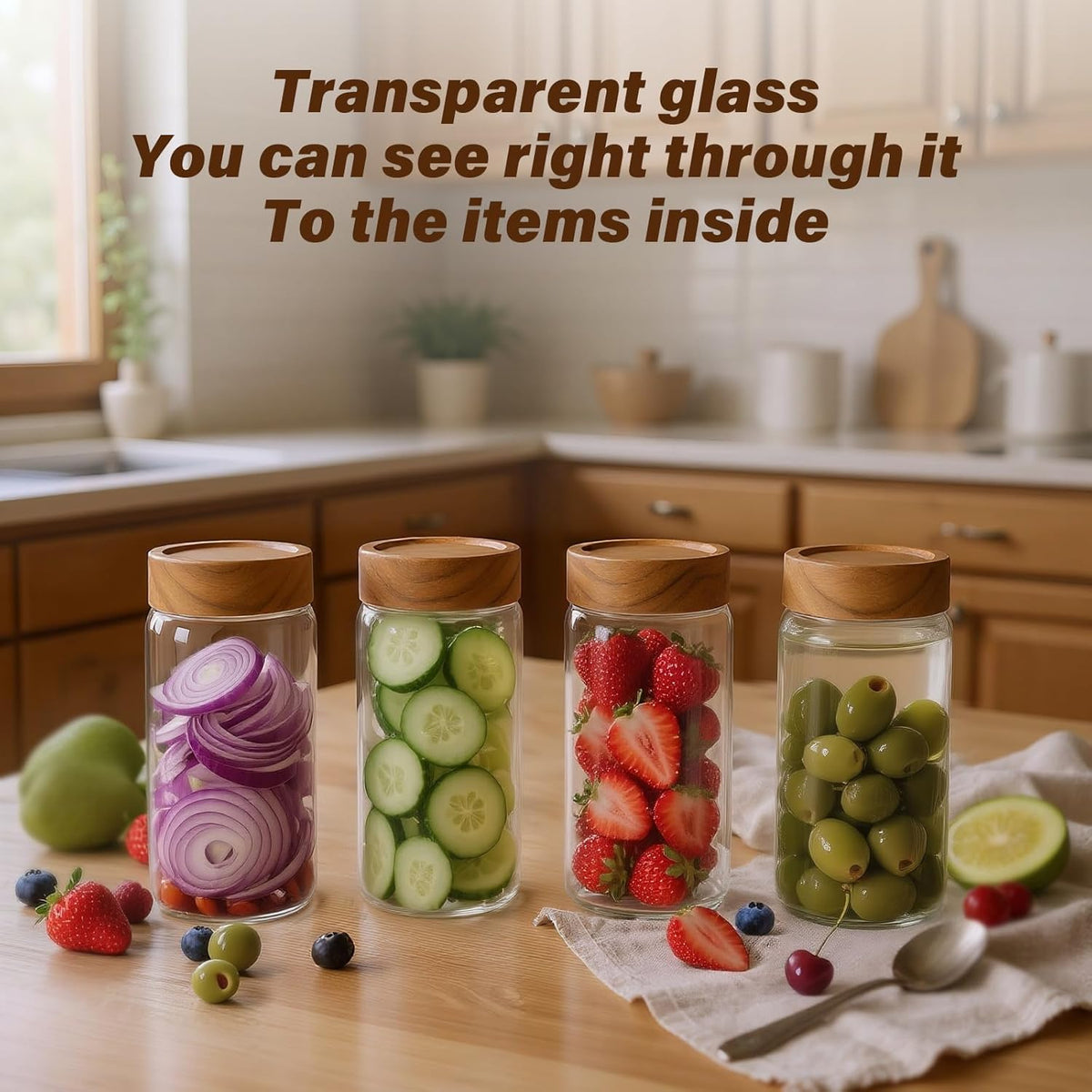 6 -Piece 13 oz Food-Grade Glass Mason Jars with Acacia Wood Lids, Sealable Waterproof, Transparent