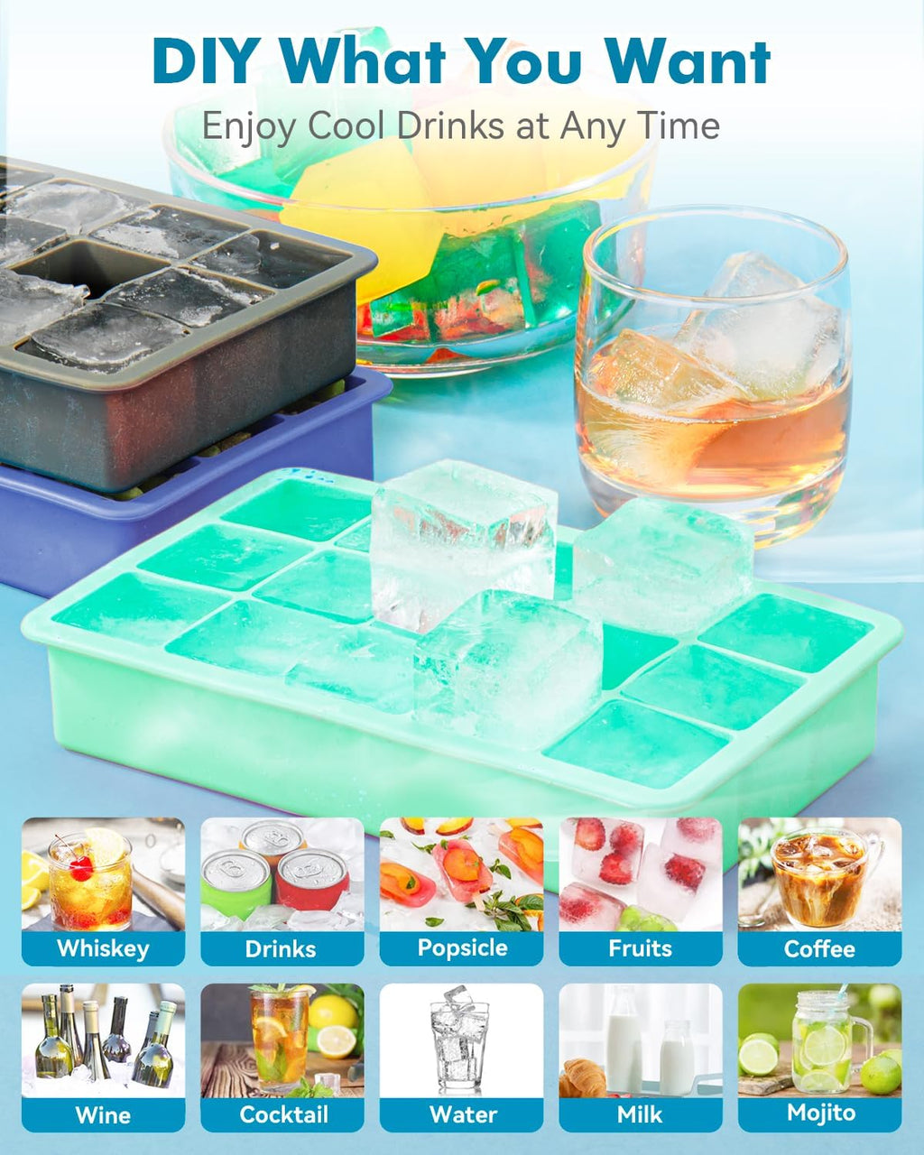 Silicone Ice Cube Trays for Freezer Set of 2, Square Ice Cubes Mold, Easy Release Silicone Old