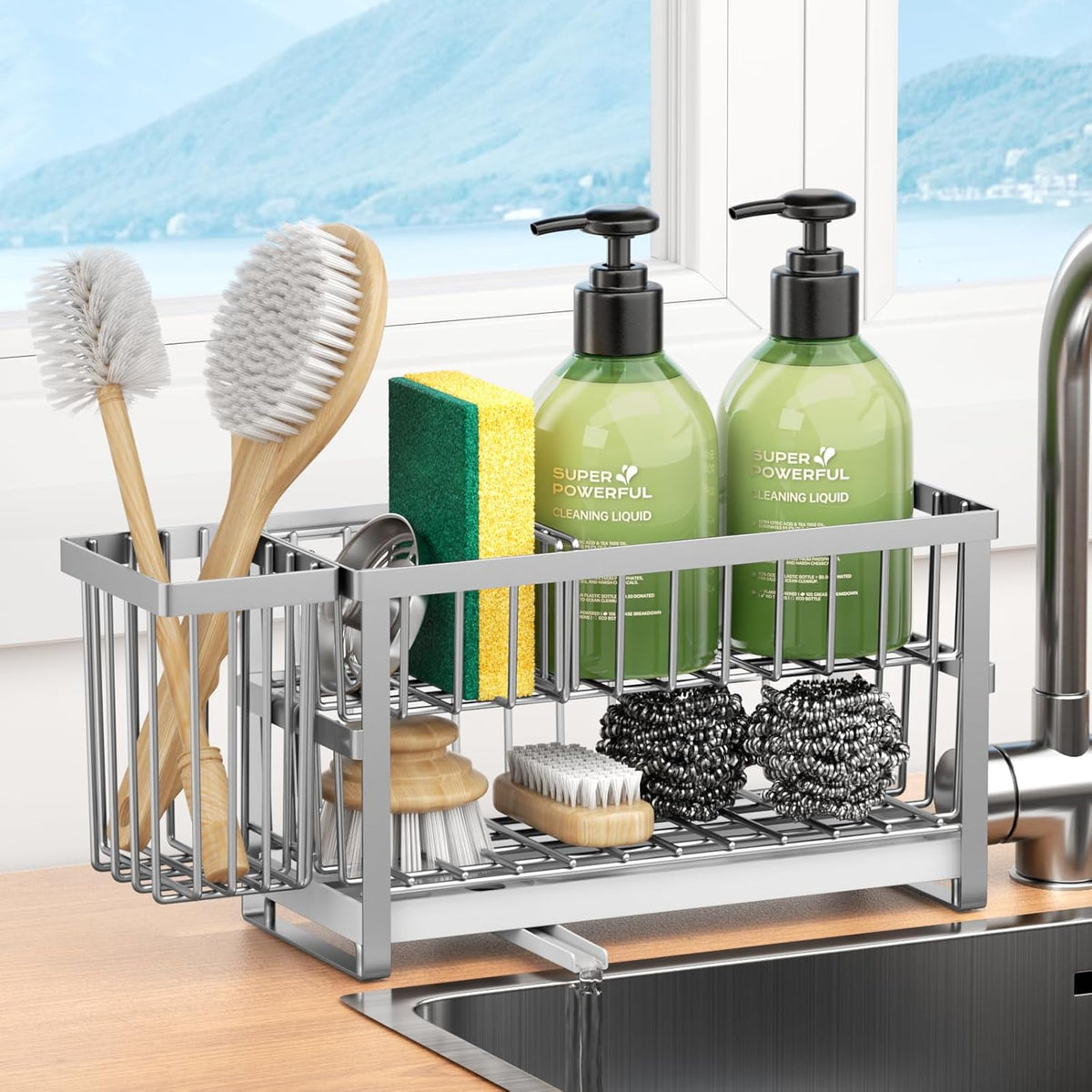 Sponge Holder for Kitchen Sink, 2 Tier Sink Caddy Organizer Countertop with Dish Brush Holder and