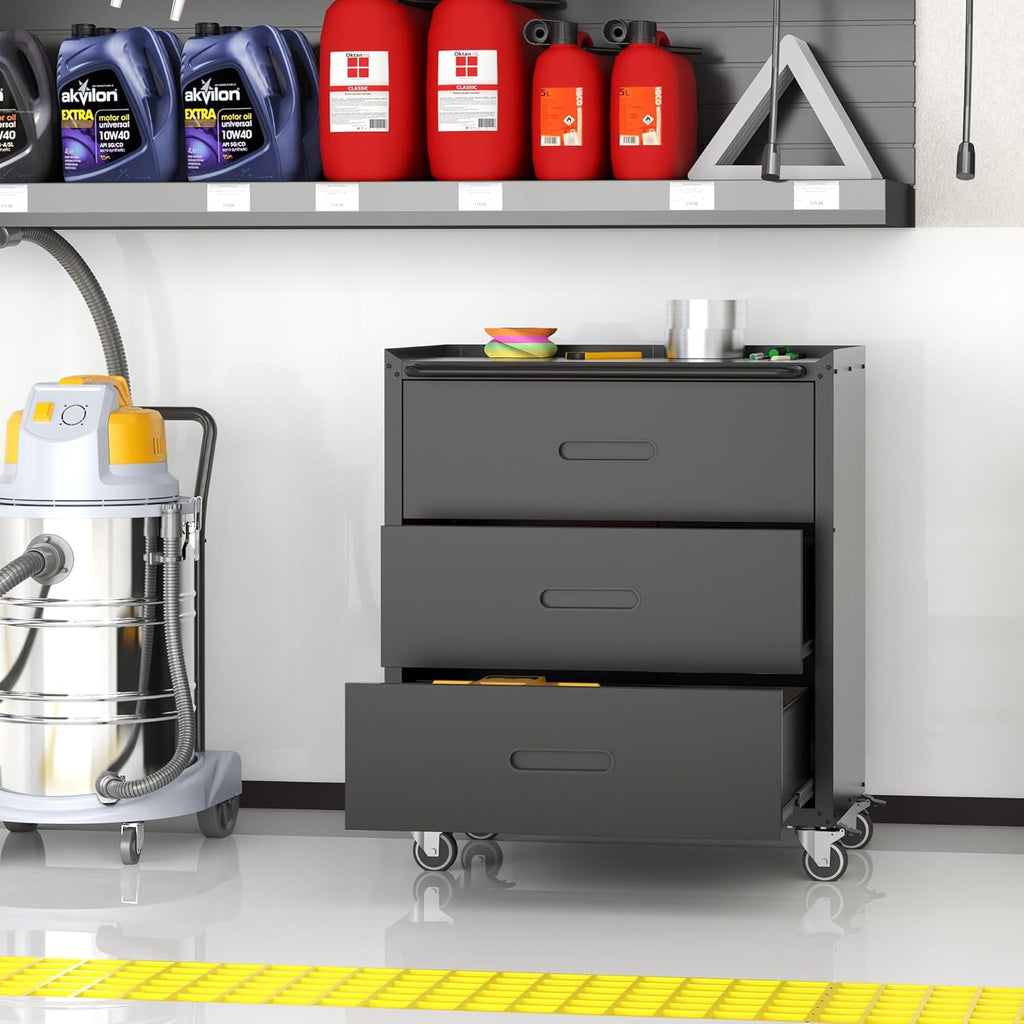Metal Storage Cabinet with Wheels, Garage Storage Cabinet with 3 Drawers, Rolling Tool Storage