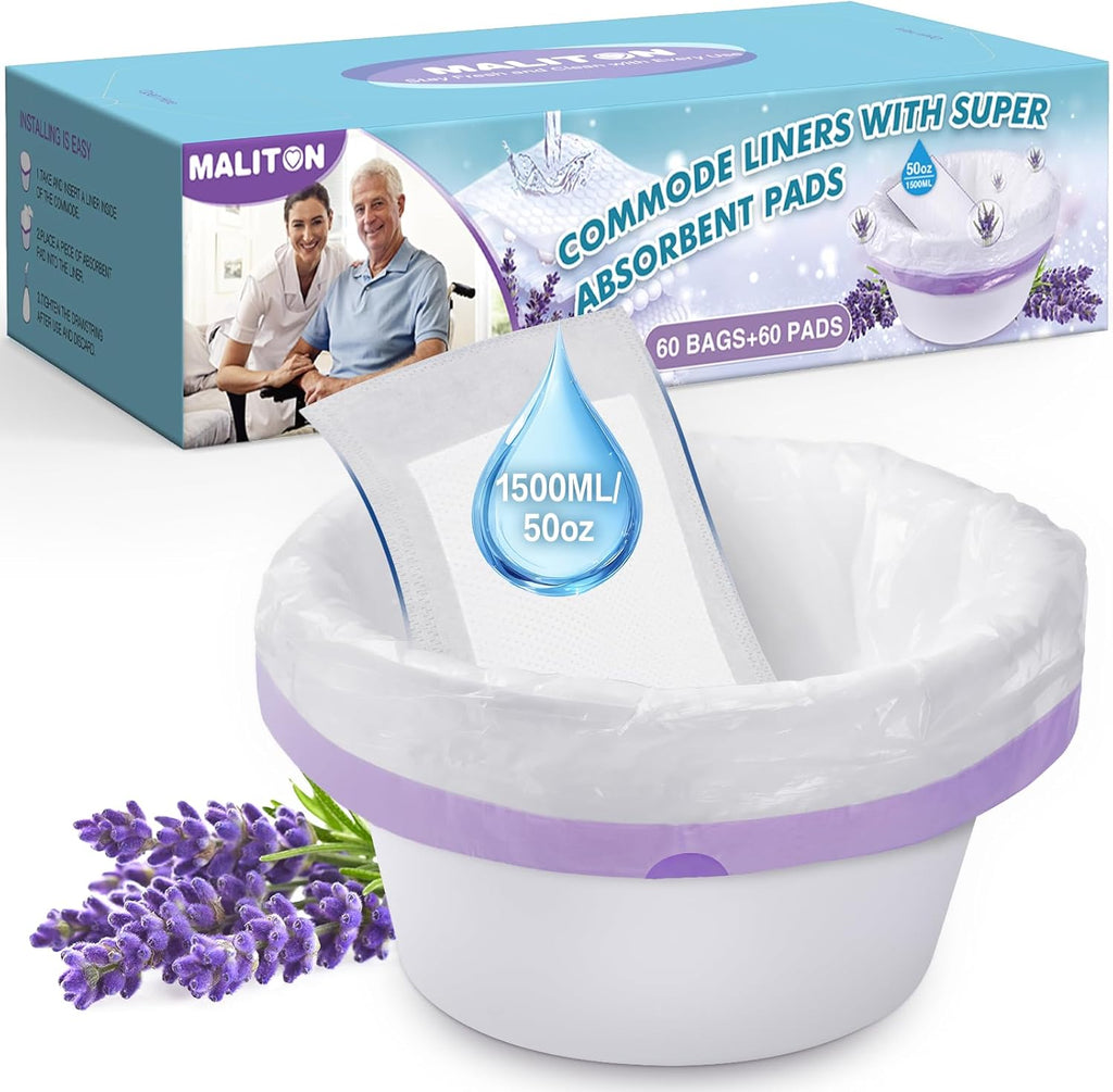 Maliton Bedside Commode Liners with Absorbent Pads, 60 Pack Disposable Bags and 60 Super Absorbent