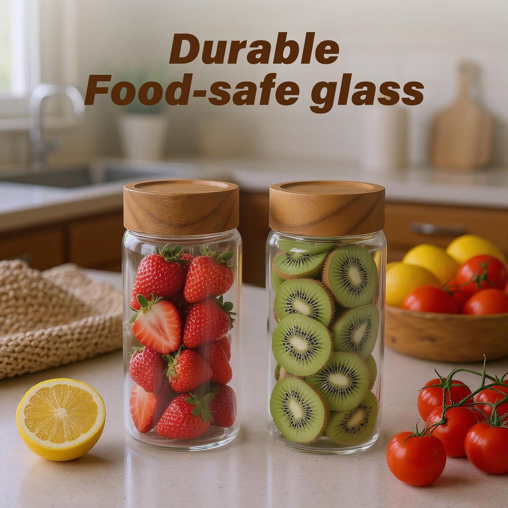 6 -Piece 13 oz Food-Grade Glass Mason Jars with Acacia Wood Lids, Sealable Waterproof, Transparent