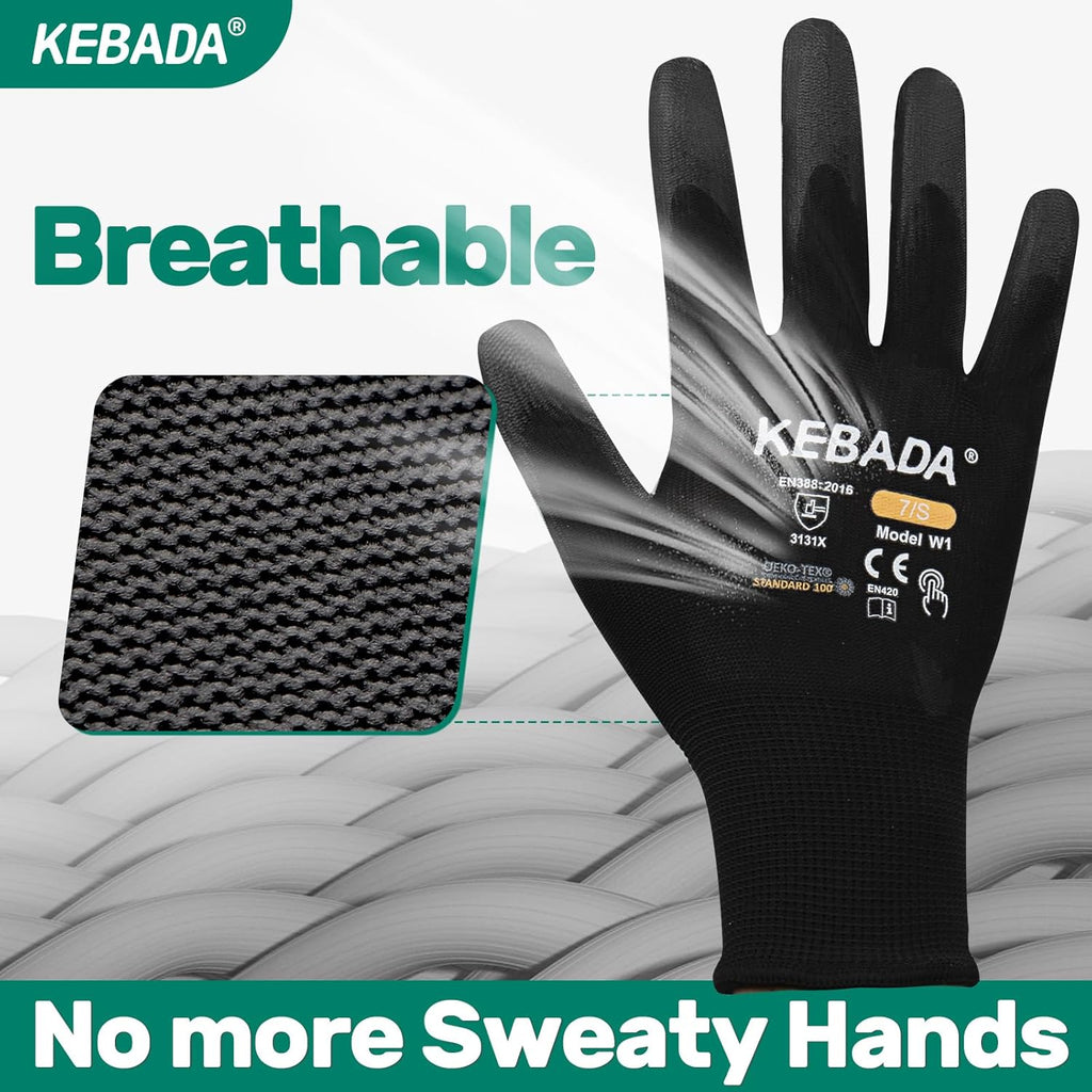 Kebada Safety Work Gloves,120 Pairs Bulk Pack, Touchscreen, PU Coated, Ideal for Warehouse