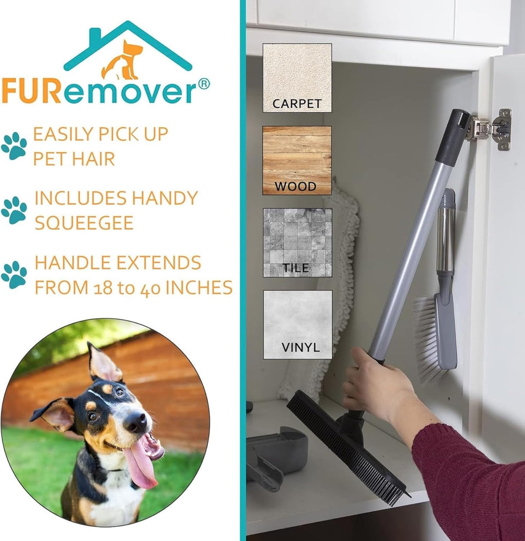 FURemover Compact Pet Hair Rubber Broom with Squeegee, with Handle That Telescopes up to 40" for