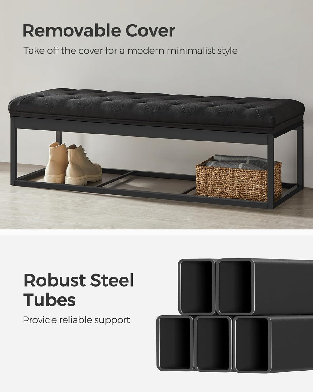 SONGMICS Storage Ottoman Bench, Foot Rest with Legs, 15.7 x 43.3 x 15.7 Inches, End of Bed Bench