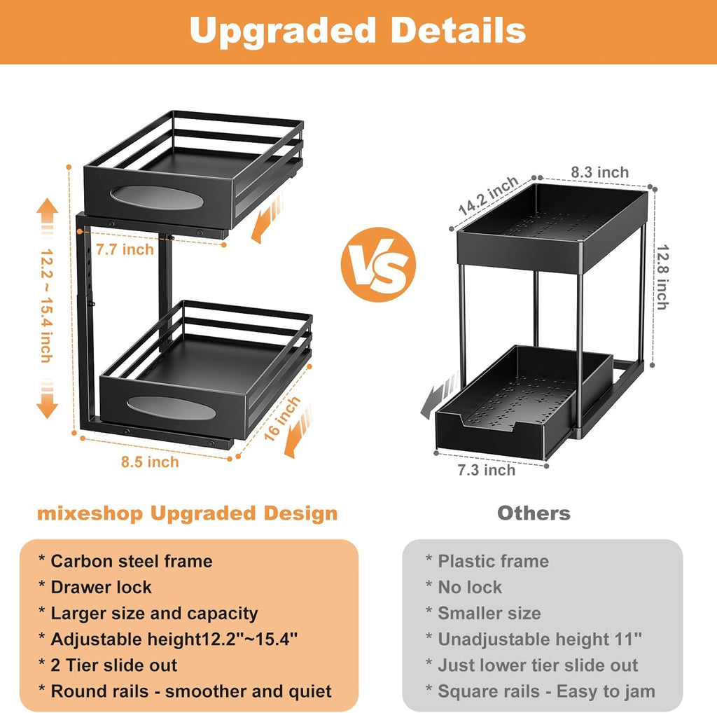 Under Sink Organizer, 2 Tier Under Sink Organizers and Storage, Adjustable Height, Slide Out Metal