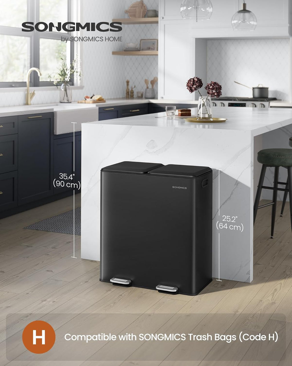 SONGMICS Trash Can, 2 x 8 Gallon (2 x 30 L) Double Garbage Can with Soft-Close Lids, Removable