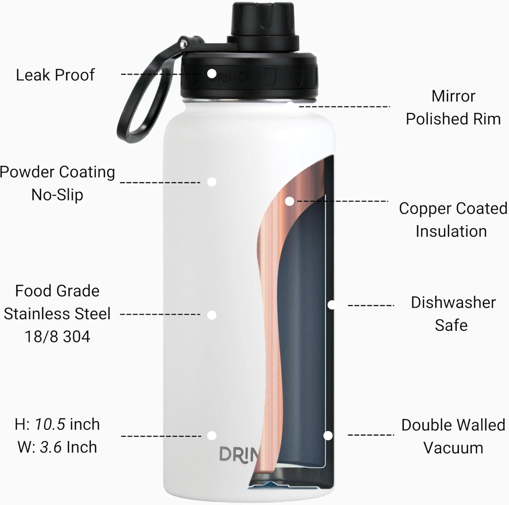 DRINCO Stainless Steel Water Bottle Spout Lid Vacuum Insulated Double Wall Water Bottle Wide Mouth