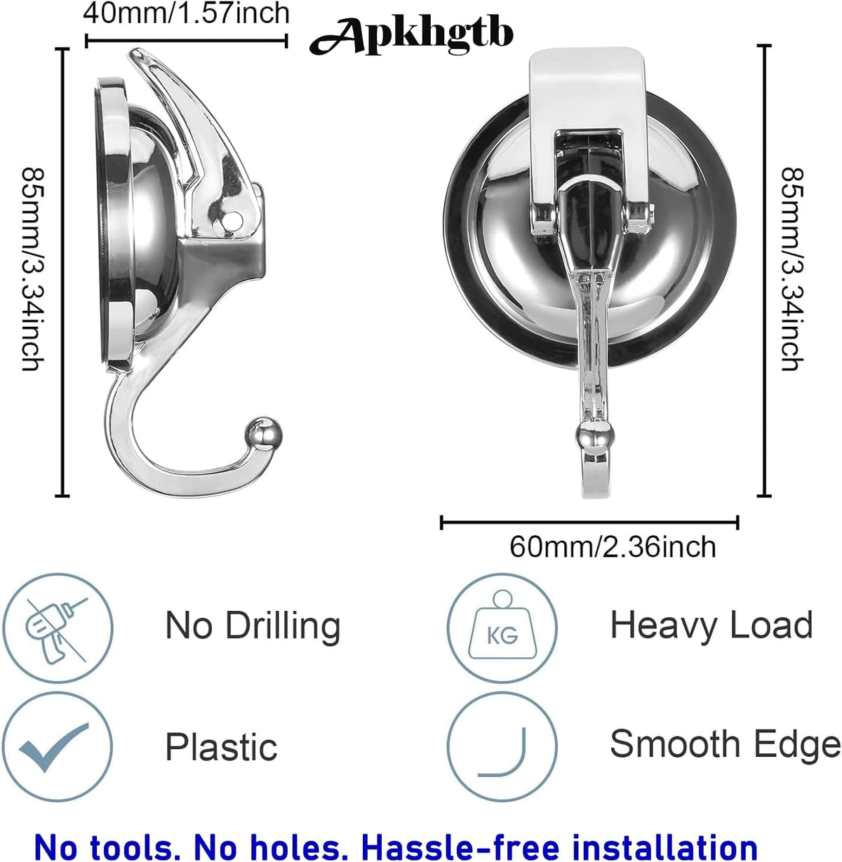 Heavy Duty Vacuum Suction Cup Hooks, Silver Plated Polished Super Suction for Kitchen Bathroom, 2
