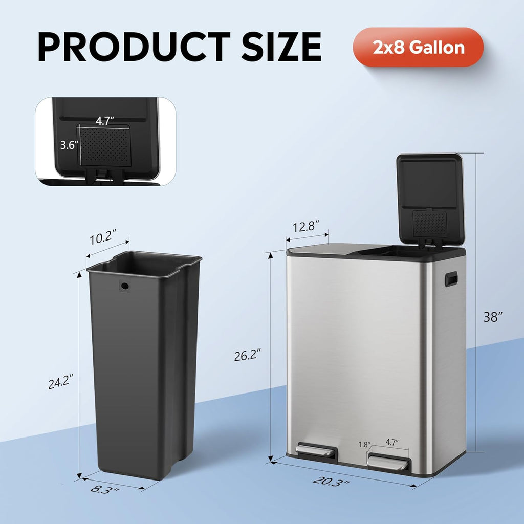 WLIVE 2 x 8 Gallon / 2 x 30 Liter Dual Trash Can, Stainless Steel Double Compartment Classified