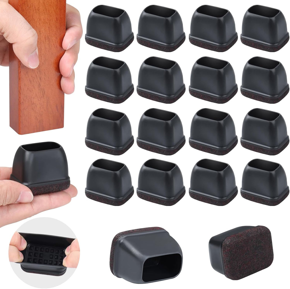 Ezprotekt 16 Pcs Rectangle Black Silicone Chair Leg Floor Protectors, Rectangle Felt Chair Leg