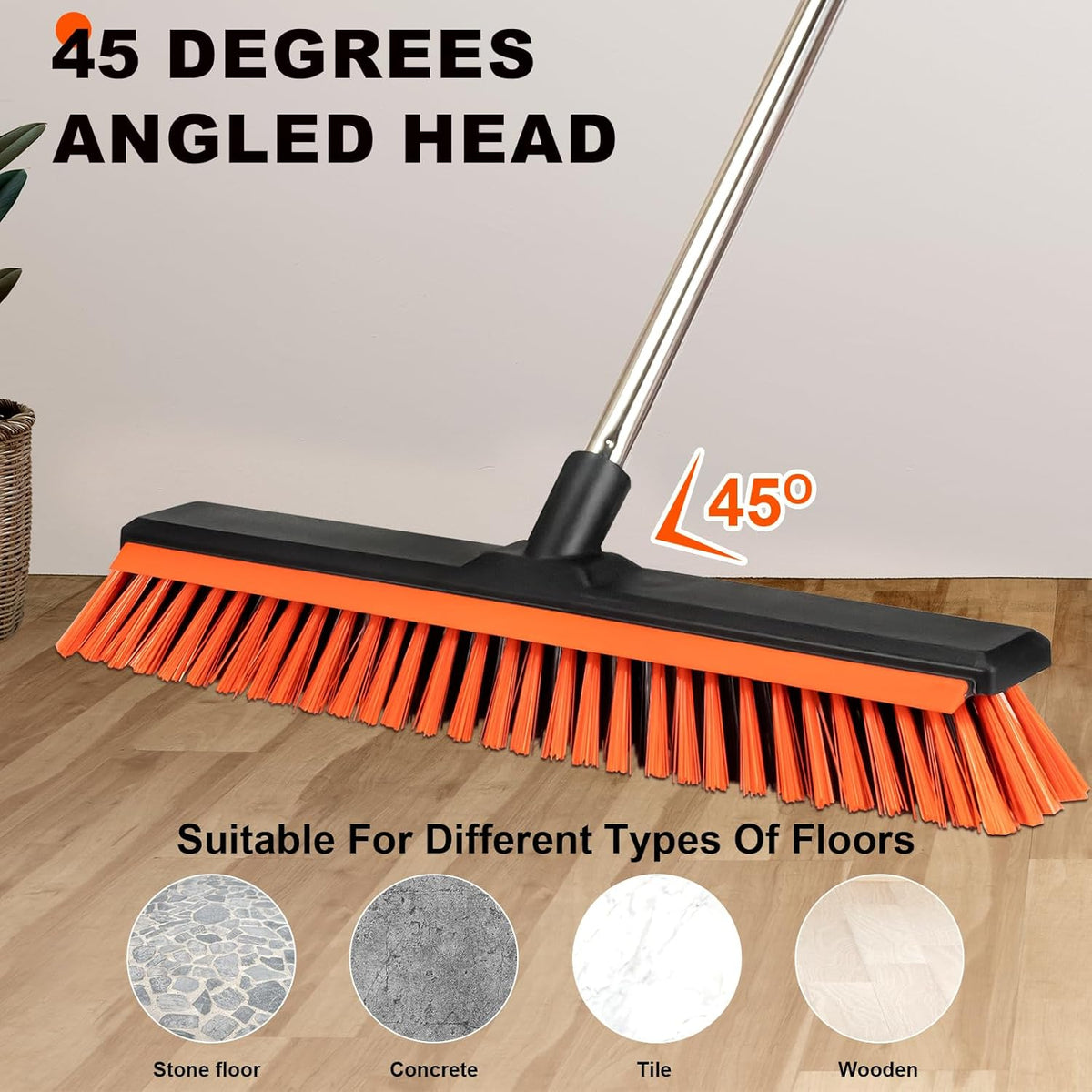 18" Push Broom Outdoor with Rubber Squeegee,Heavy Duty Broom Brush with Handle,Stiff Bristles for