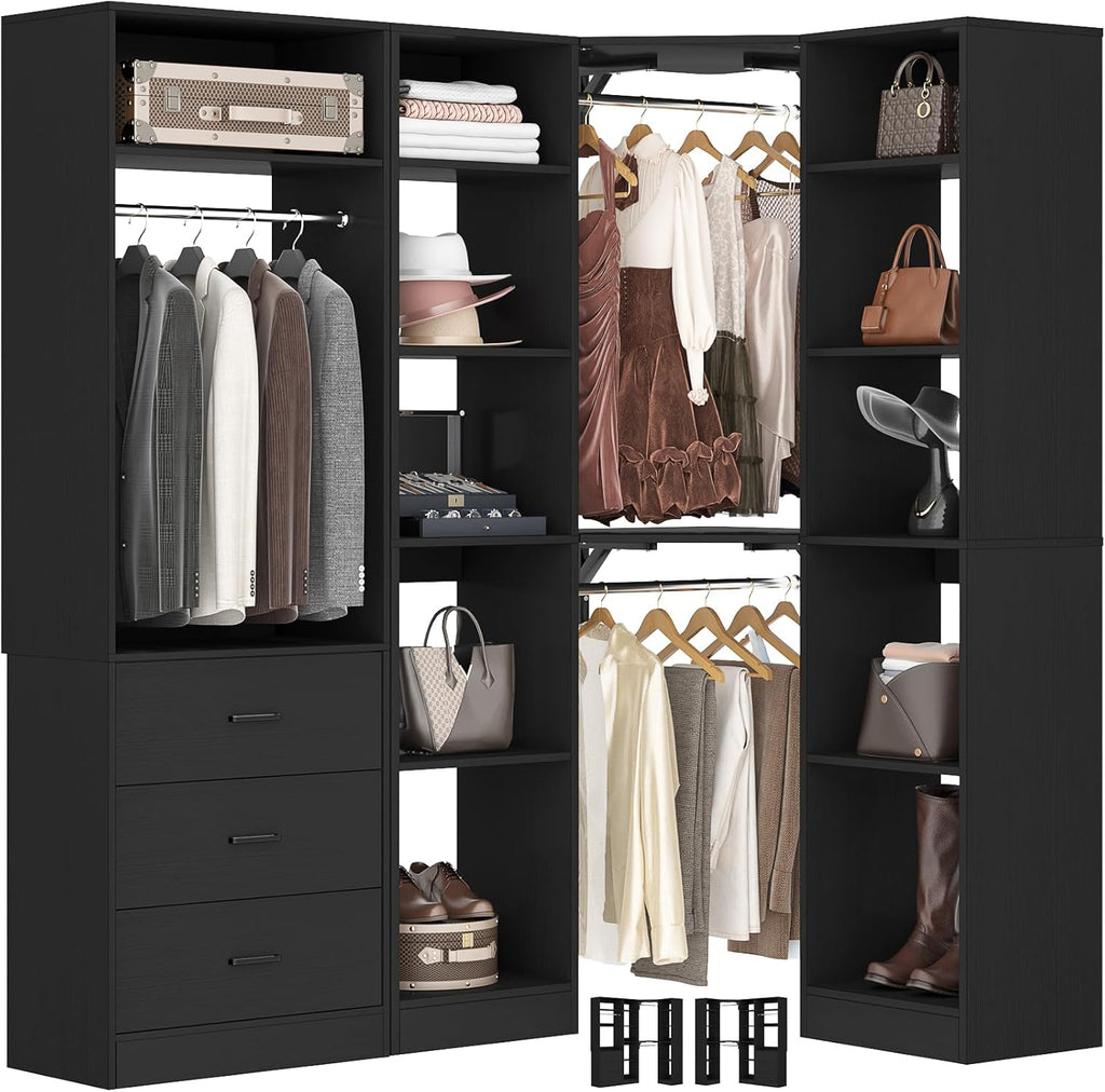 Corner Closet System with 3 Drawers, Corner Closet Organizer System with 13 Shelves & 3 Hanging