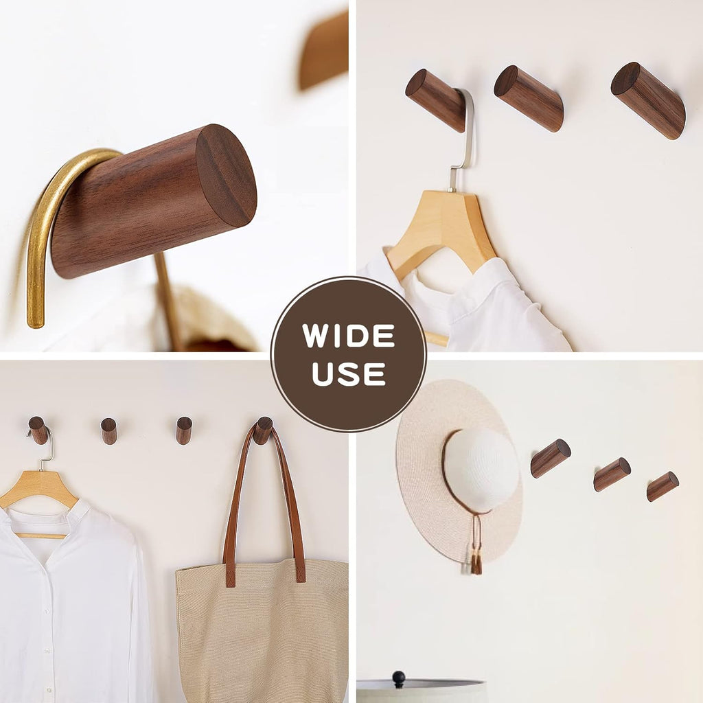 6 Pack Wood Hooks, Natural Coat Hooks Wall Mounted - Rustic Heavy Duty Wall Hooks for Hanging